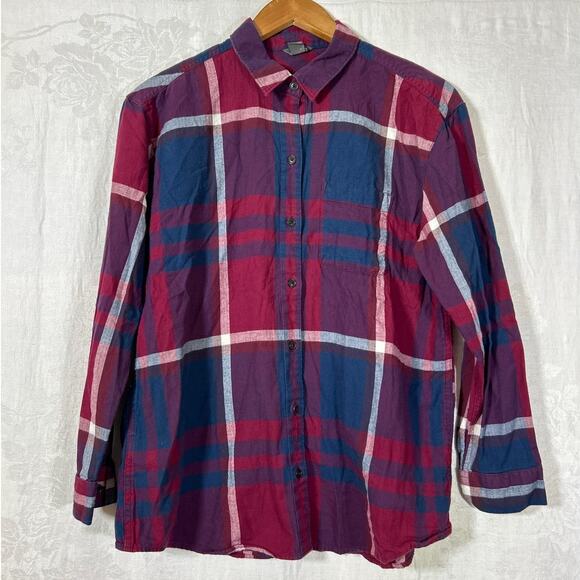 Eddie Bauer Flannel Medium Pink Blue Plaid Button Up Long Sleeve - Picture 1 of 10